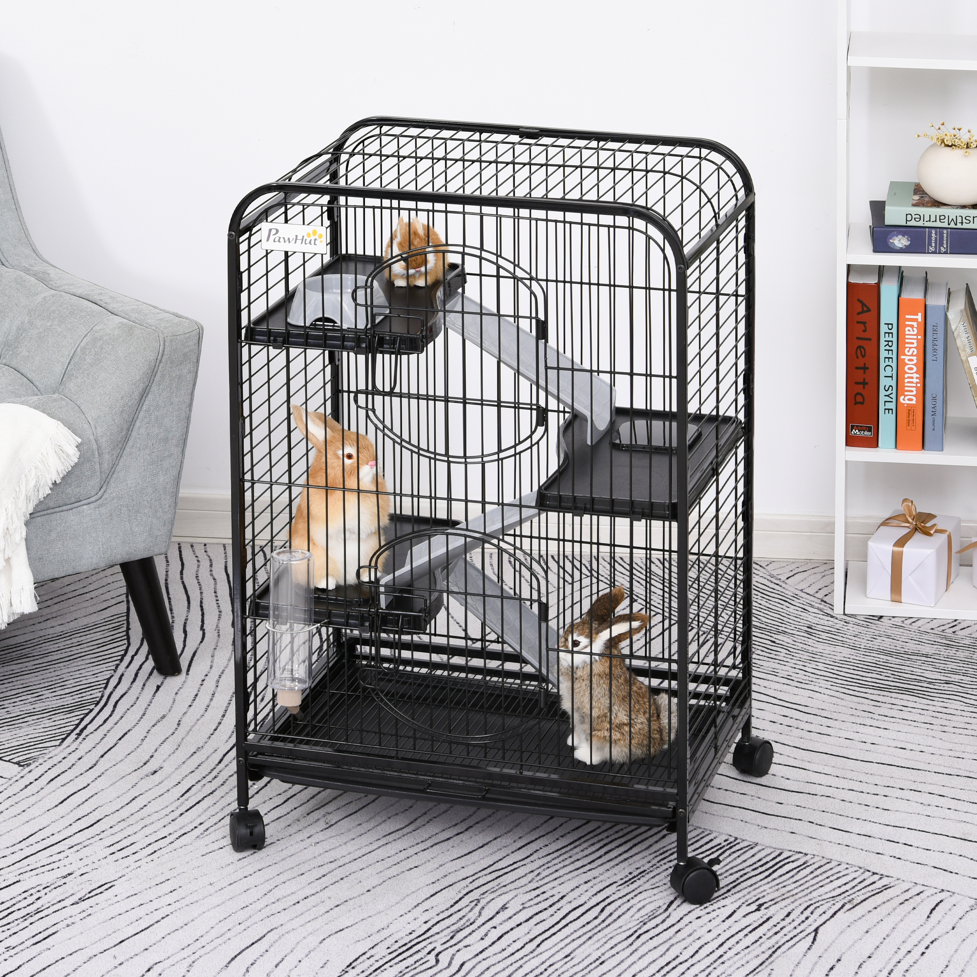 Cage pour Petits Animaux Roulante Bac Inférieur Amovible Nombreux Accessoires Acier PP Noire