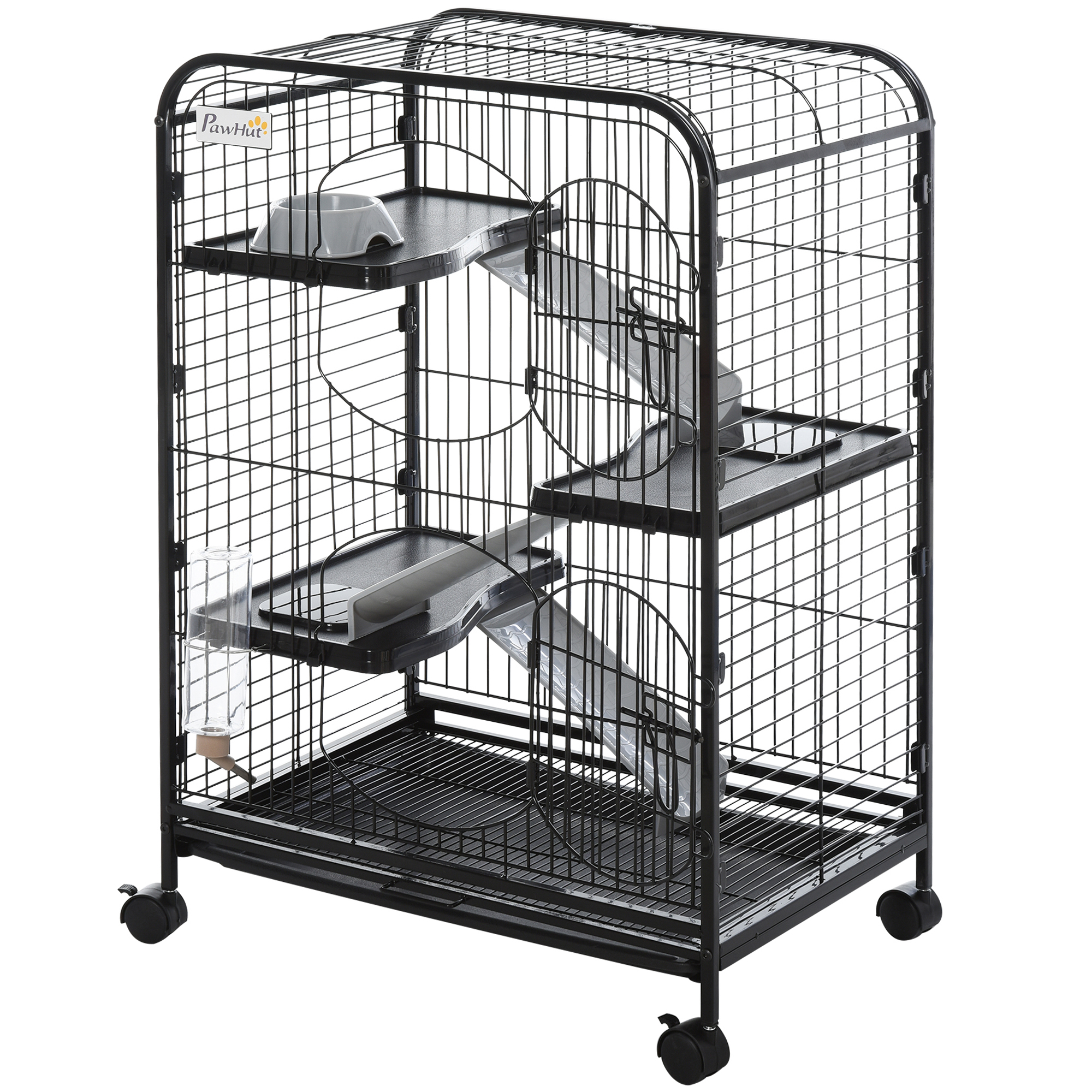 Cage pour Petits Animaux Roulante Bac Inférieur Amovible Nombreux Accessoires Acier PP Noire