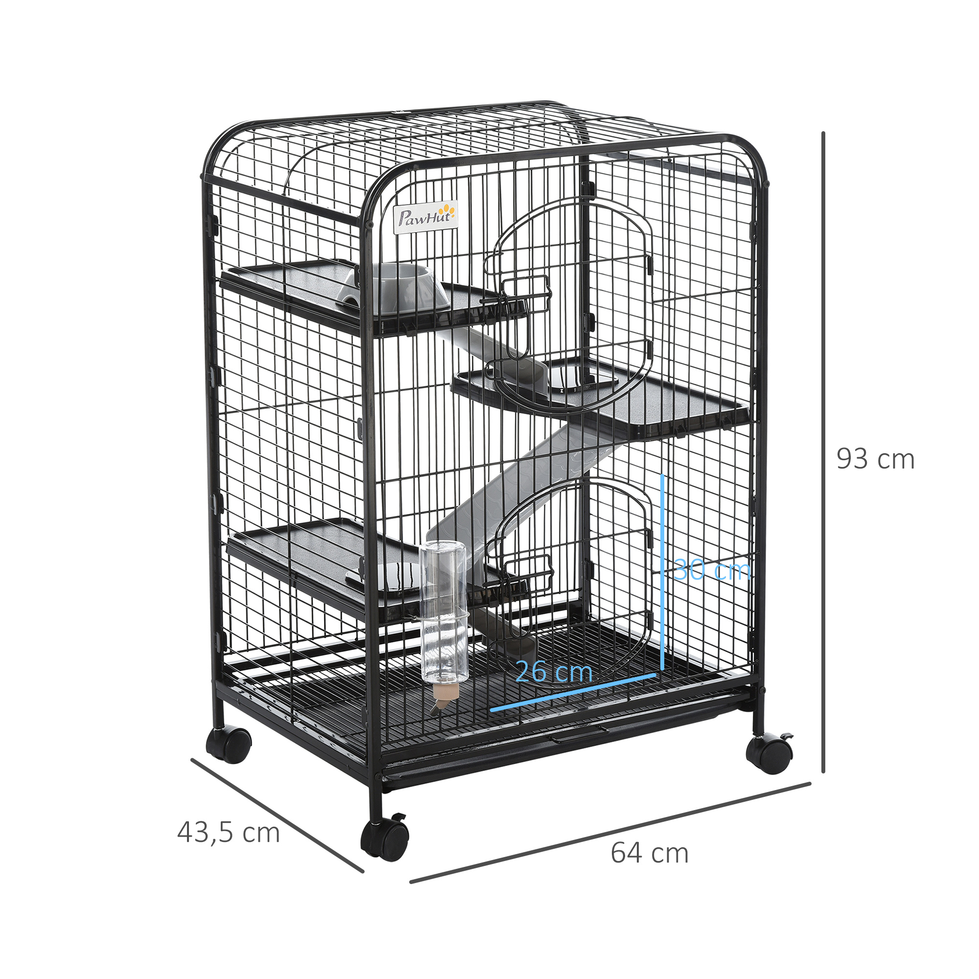 Cage pour Petits Animaux Roulante Bac Inférieur Amovible Nombreux Accessoires Acier PP Noire