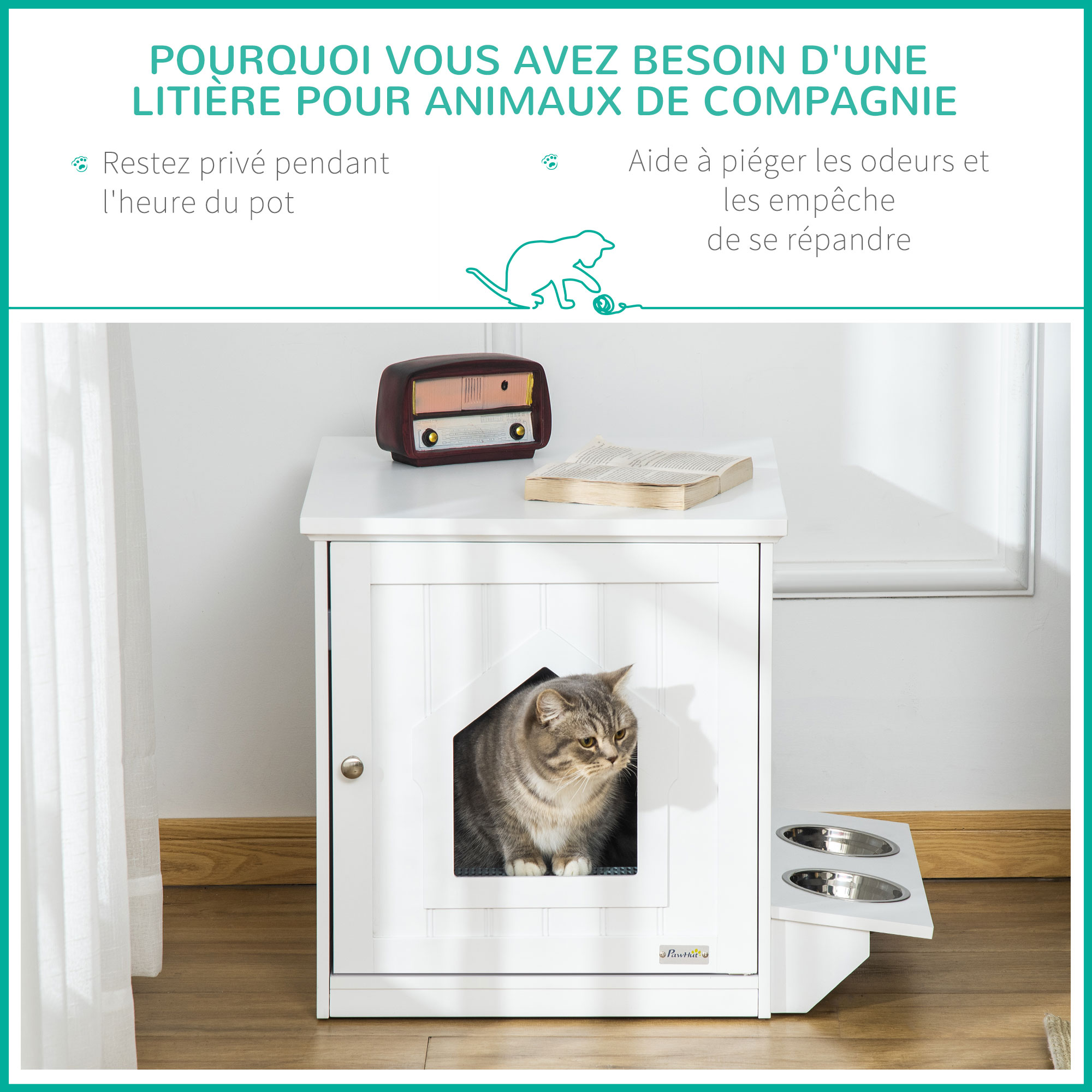 Maison de toilette pour chat - porte 2 gamelles intégré - blanc