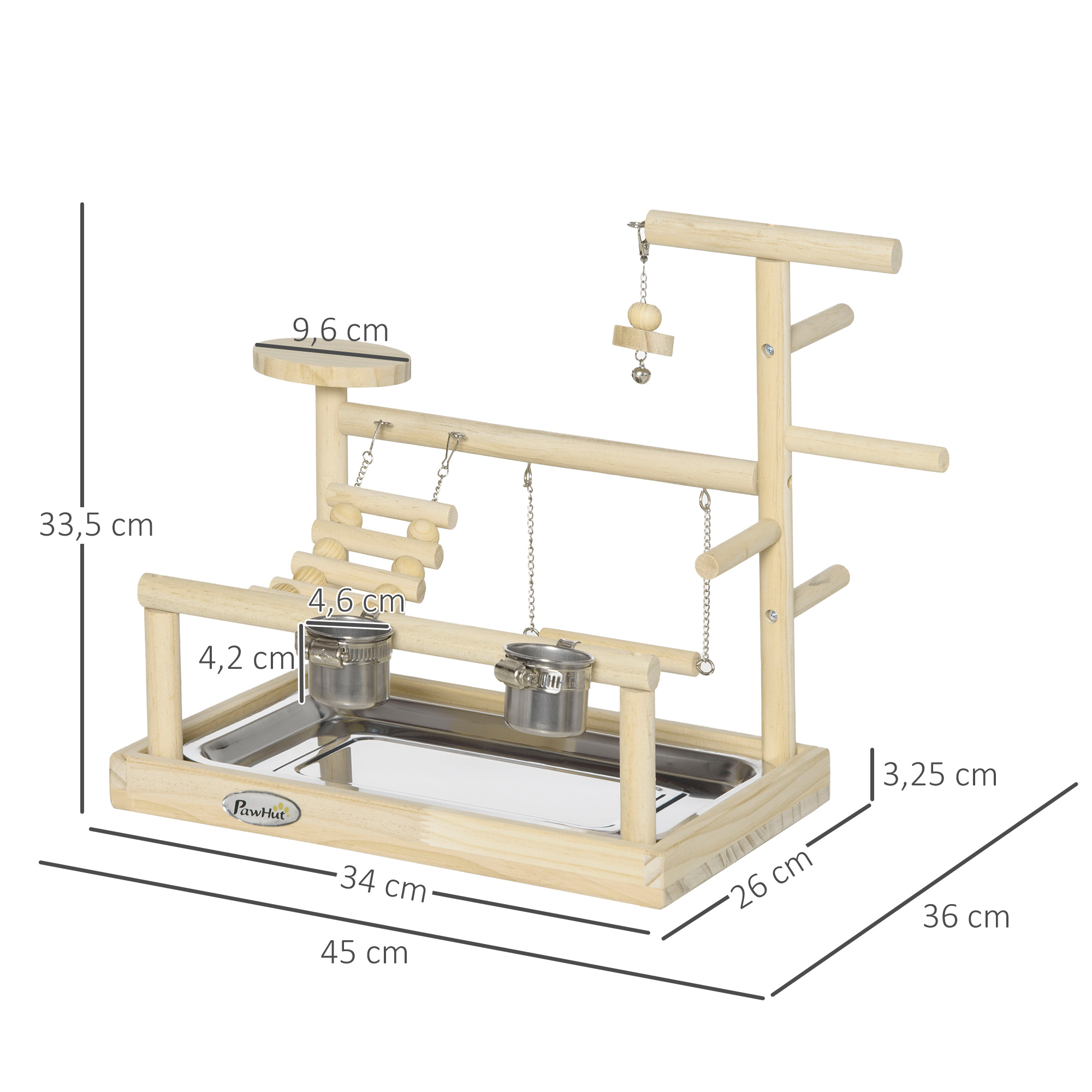 Aire de jeu perchoir pour perroquets, perruches acier inox. bois de pin