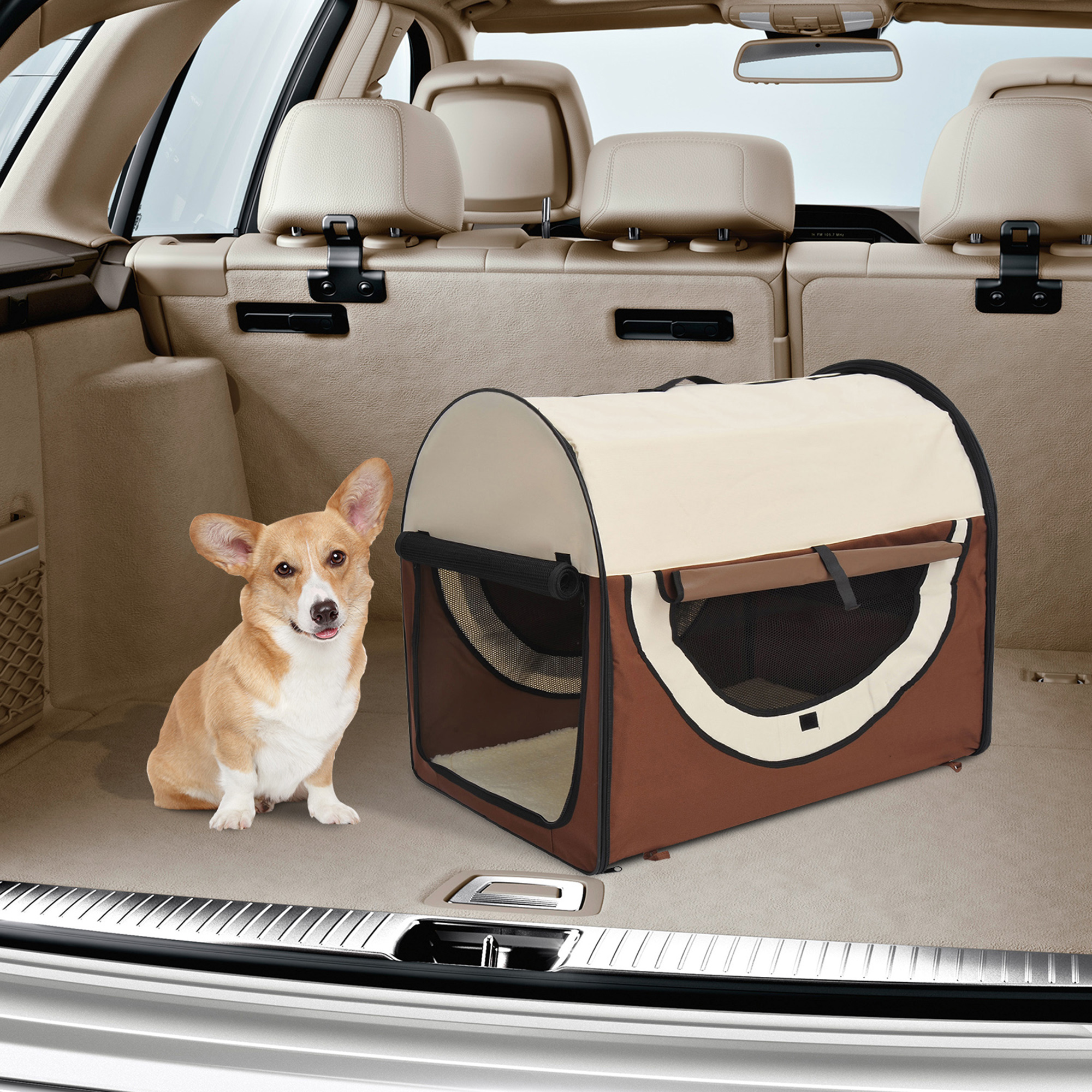 Sac de transport pour chien chat pliable marron beige