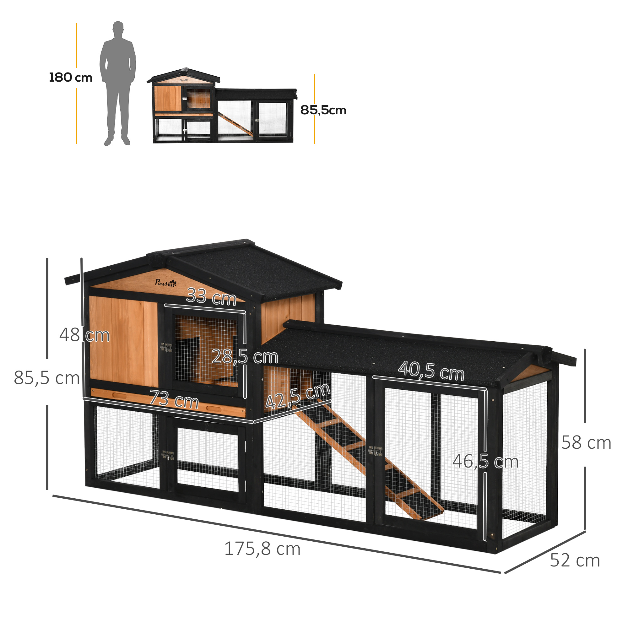 Clapier cage à lapins 2 niveaux 3 portes toit intégral sapin orangée noir