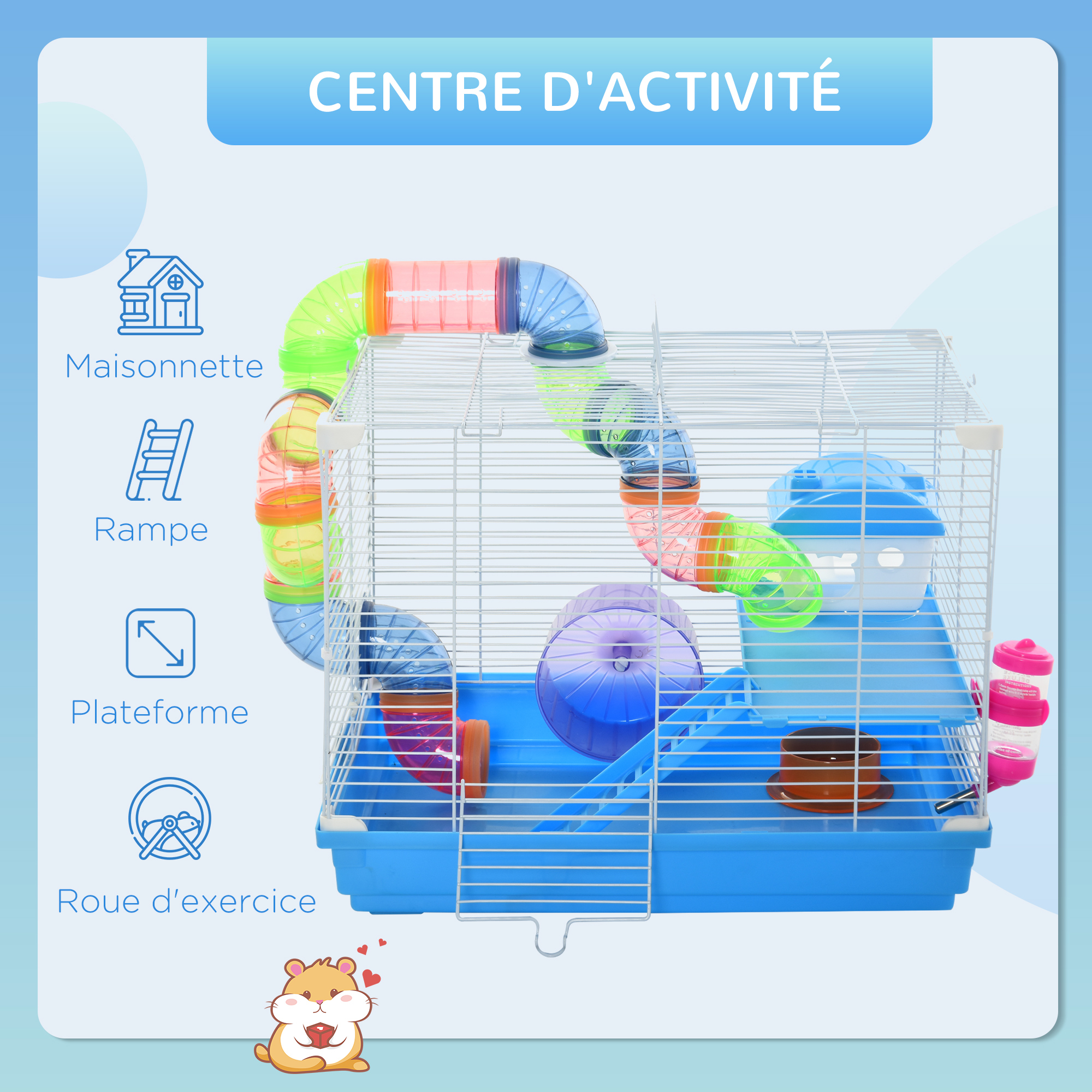 Cage à hamster rongeur 2 niveaux avec accessoires métal blanc PP bleu