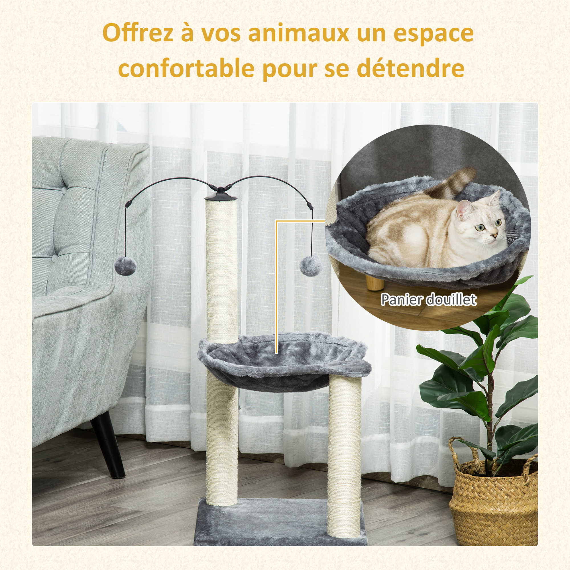 Arbre à chat 2 griffoirs sisal naturel hamac jeu boules suspendues gris