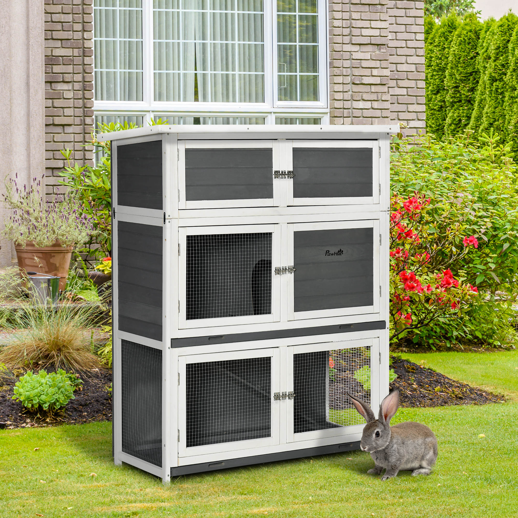 Clapier cage à lapin 2 étages + niveau de rangement bois sapin gris blanc