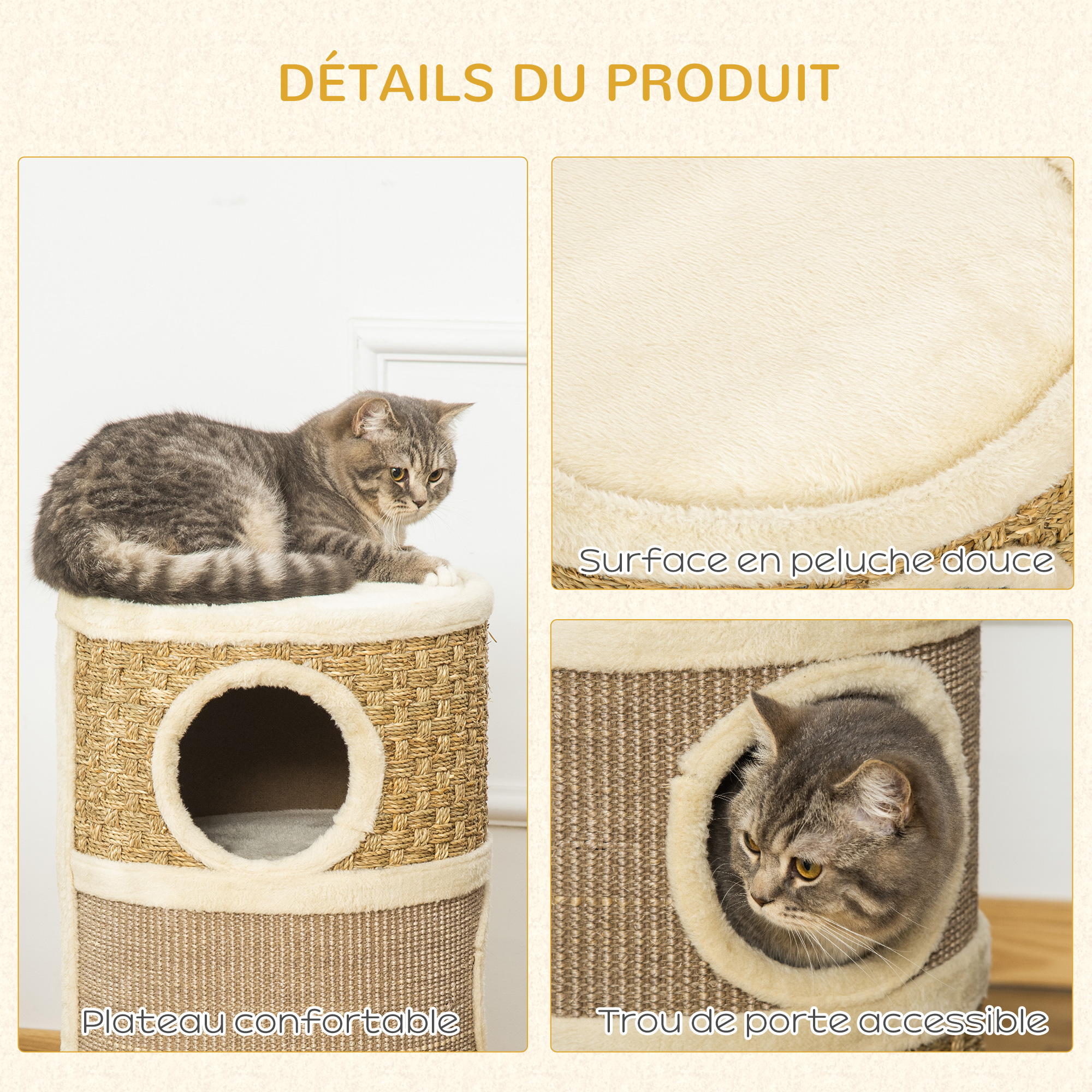 Tour à griffer pour chat - 3 niches, plateforme - sisal corde d'algues beige