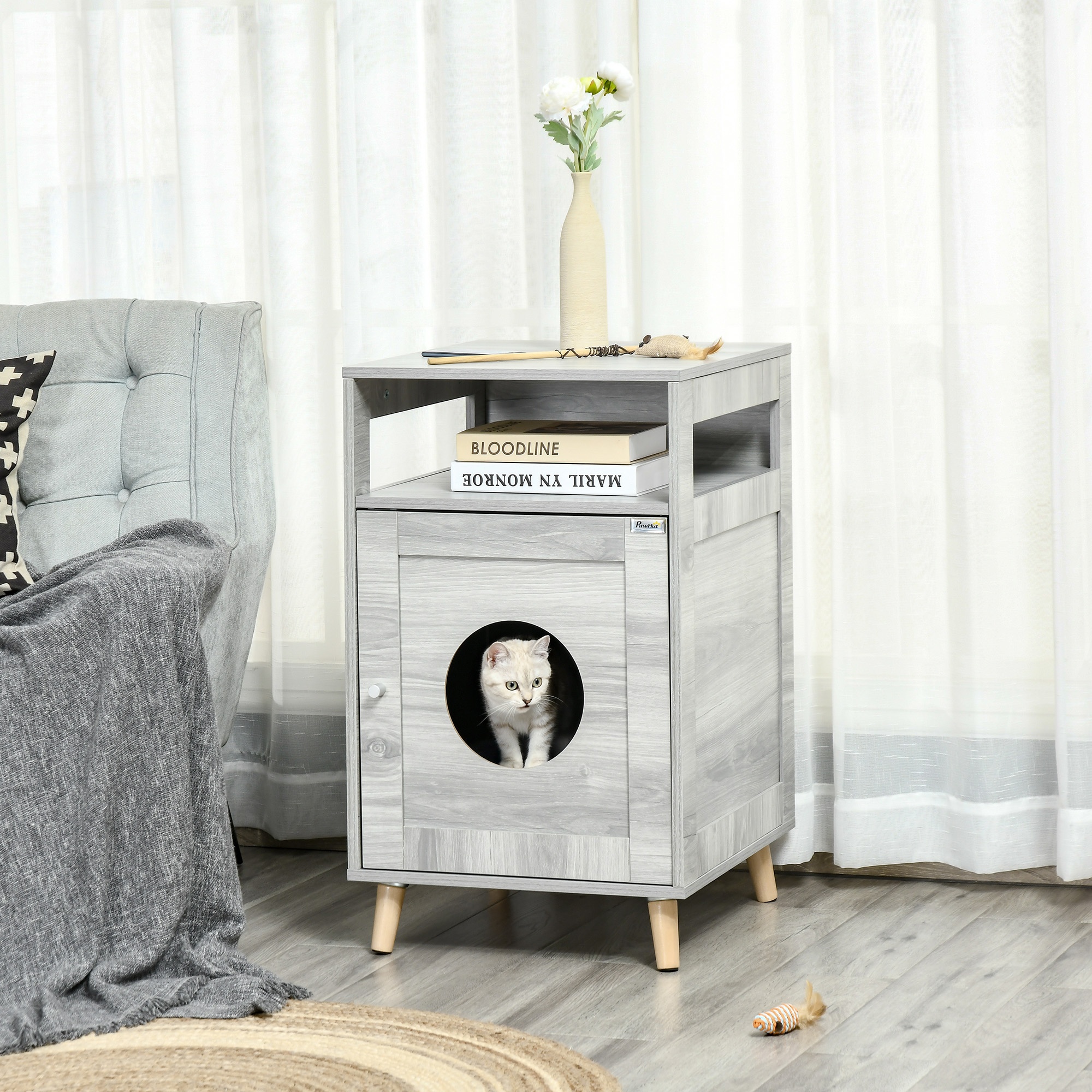 Maison de toilette pour chat aspect bois gris