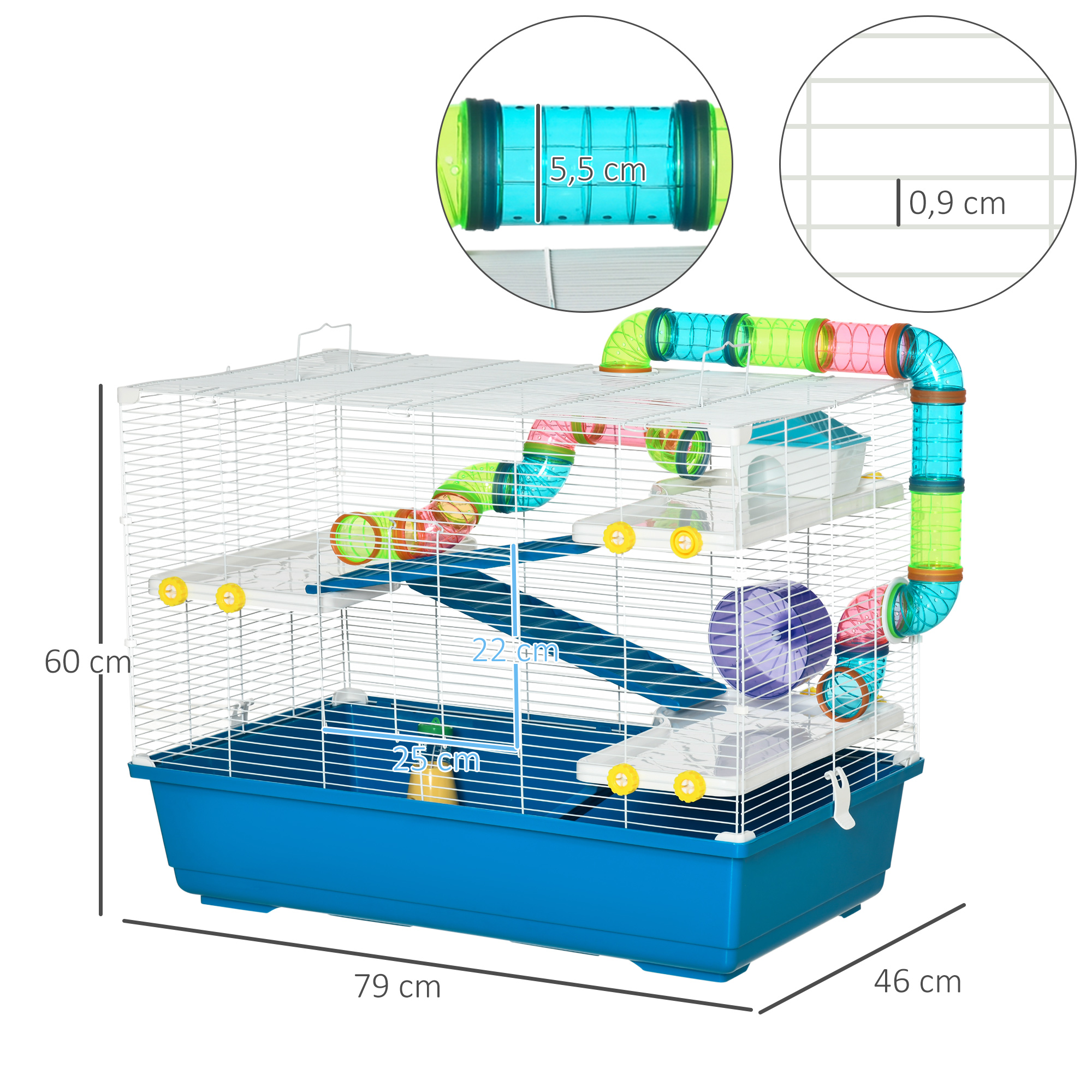 Grande cage à hamsters 4 niveaux - nombreux accessoires - métal PP bleu blanc