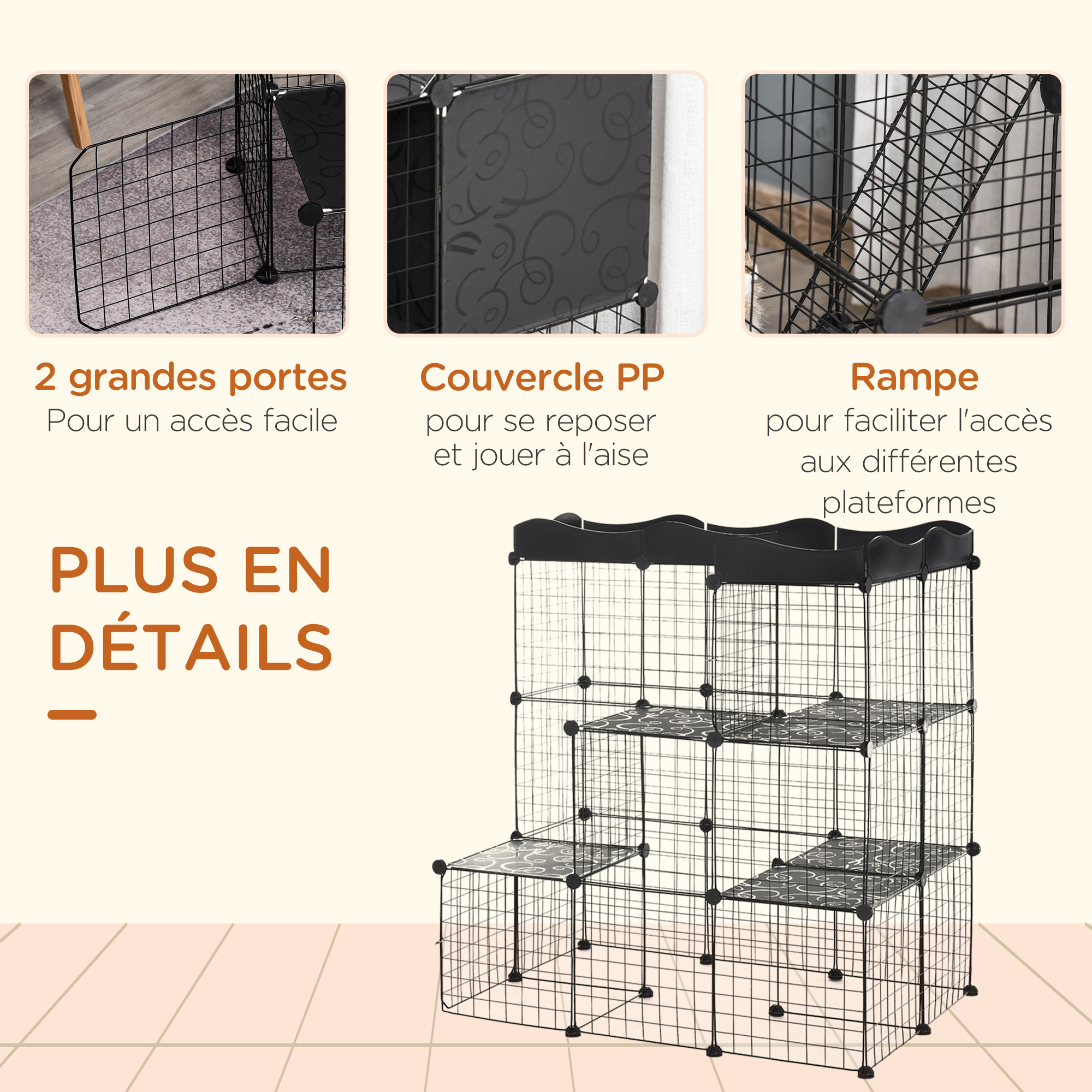 Cage parc enclos chat modulable 3 niveaux 2 portes métal noir