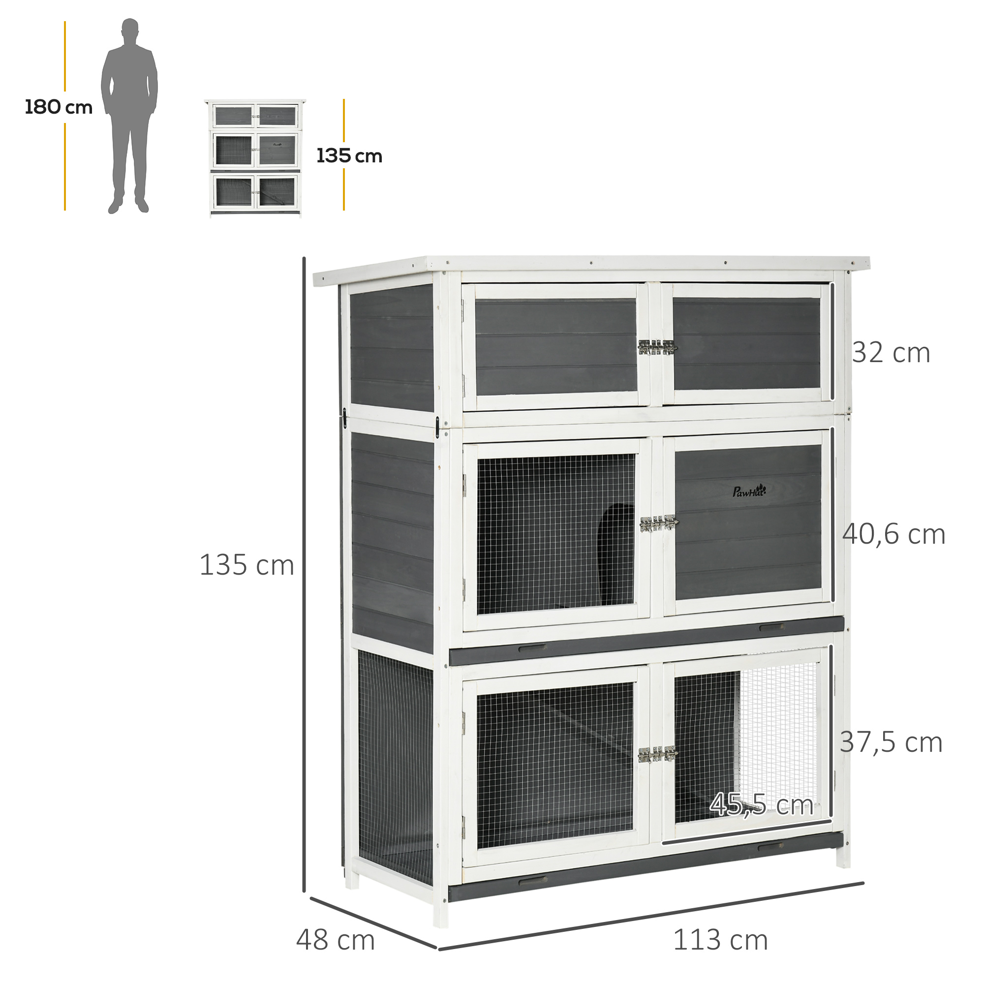 Clapier cage à lapin 2 étages + niveau de rangement bois sapin gris blanc